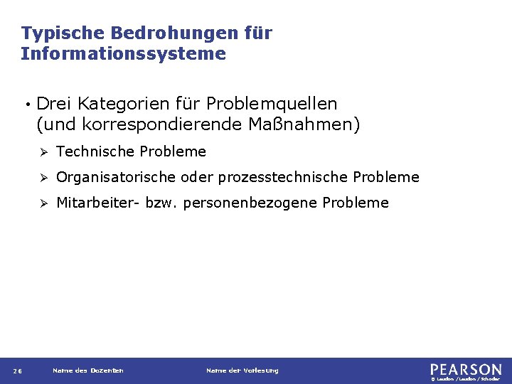 Typische Bedrohungen für Informationssysteme • 26 Drei Kategorien für Problemquellen (und korrespondierende Maßnahmen) Ø