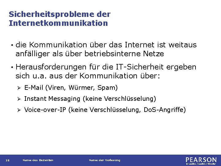 Sicherheitsprobleme der Internetkommunikation 30 • die Kommunikation über das Internet ist weitaus anfälliger als