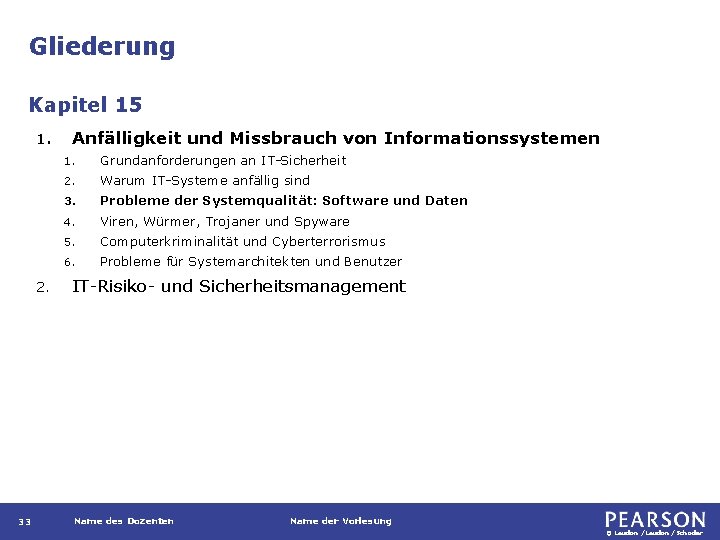 Gliederung Kapitel 15 1. 2. 33 Anfälligkeit und Missbrauch von Informationssystemen 1. Grundanforderungen an