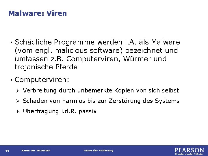 Malware: Viren 40 • Schädliche Programme werden i. A. als Malware (vom engl. malicious