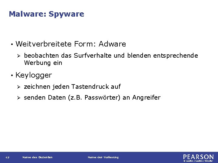 Malware: Spyware • Weitverbreitete Form: Adware Ø • 47 beobachten das Surfverhalte und blenden