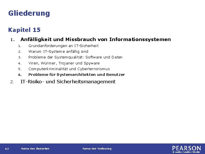 Gliederung Kapitel 15 1. 2. 67 Anfälligkeit und Missbrauch von Informationssystemen 1. Grundanforderungen an