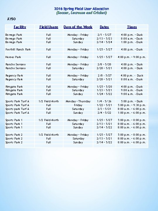 (Soccer, Lacrosse and Cricket) AYSO Facility Field Usage Days of the Week Dates Times