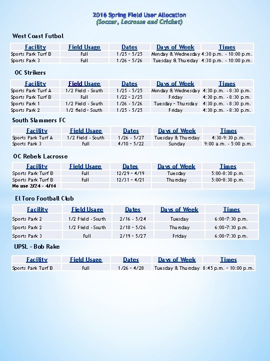 (Soccer, Lacrosse and Cricket) West Coast Futbol Facility Field Usage Dates Full 1/25 –