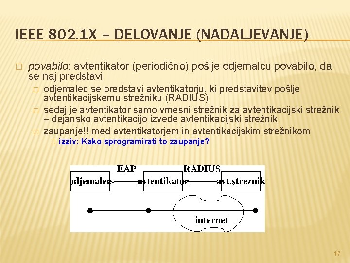 IEEE 802. 1 X – DELOVANJE (NADALJEVANJE) � povabilo: avtentikator (periodično) pošlje odjemalcu povabilo,