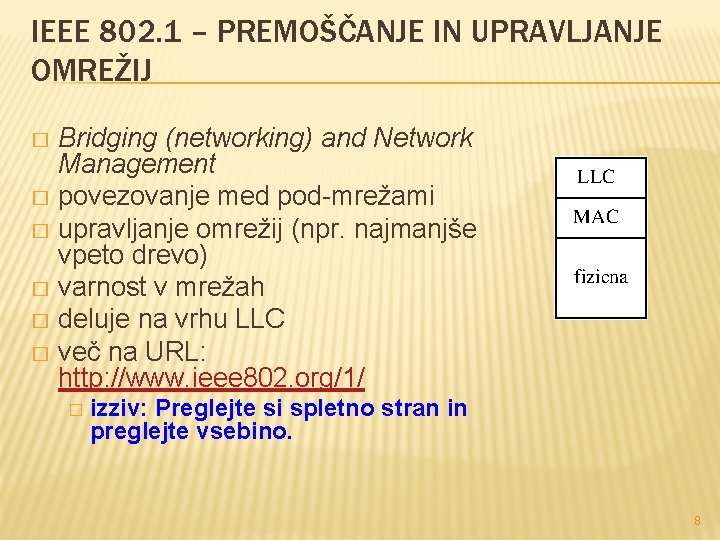 IEEE 802. 1 – PREMOŠČANJE IN UPRAVLJANJE OMREŽIJ Bridging (networking) and Network Management �