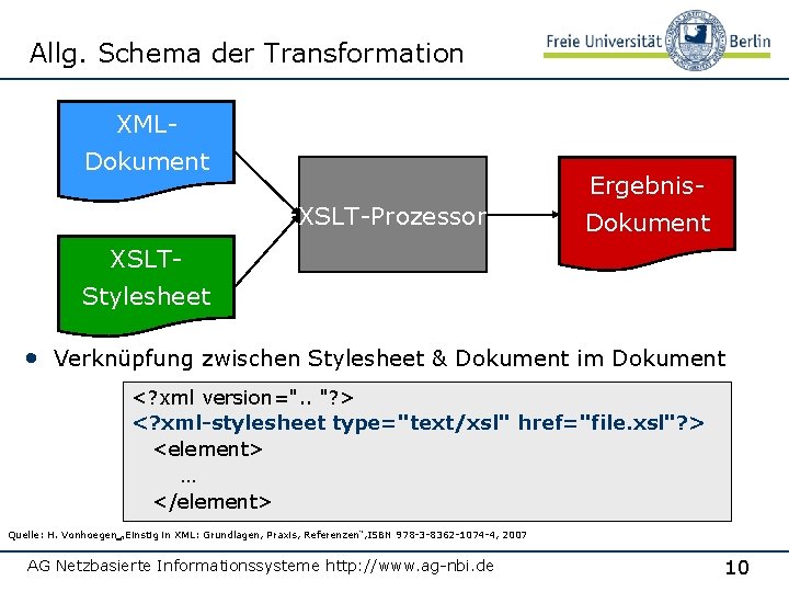 Allg. Schema der Transformation XMLDokument Ergebnis. XSLT-Prozessor Dokument XSLTStylesheet • Verknüpfung zwischen Stylesheet &