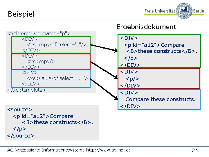 Beispiel Ergebnisdokument <xsl: template match="p"> <DIV> <xsl: copy-of select=". "/> </DIV> <xsl: copy/> </DIV>