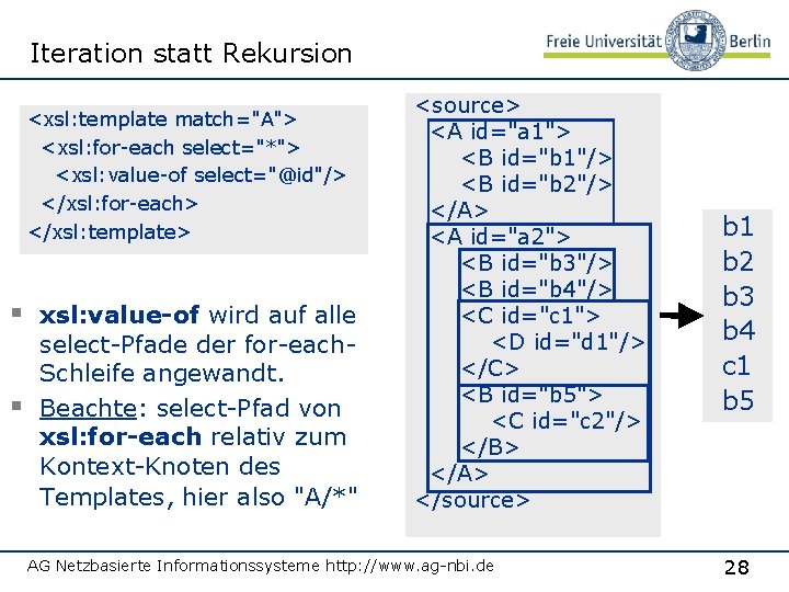 Iteration statt Rekursion <xsl: template match="A"> <xsl: for-each select="*"> <xsl: value-of select="@id"/> </xsl: for-each>