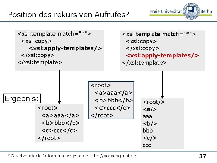 Position des rekursiven Aufrufes? <xsl: template match="*"> <xsl: copy> <xsl: apply-templates/> </xsl: copy> </xsl: