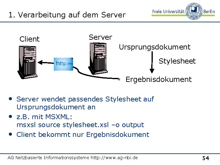 1. Verarbeitung auf dem Server Client Server Ursprungsdokument Stylesheet § Ergebnisdokument • Server wendet