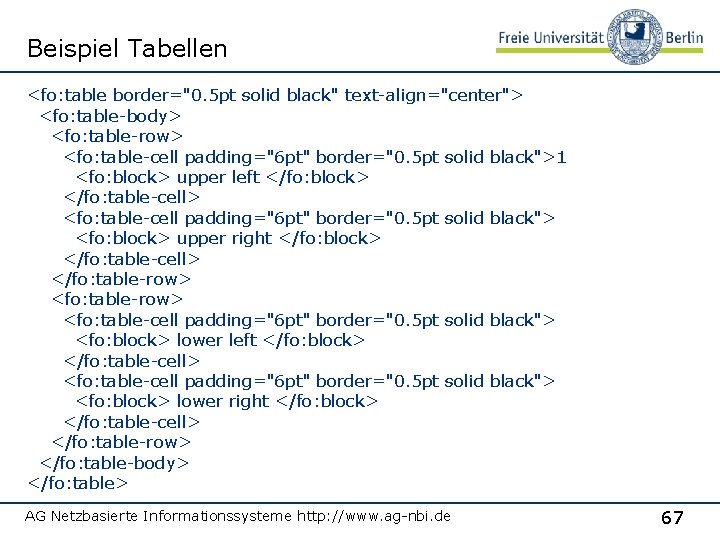 Beispiel Tabellen <fo: table border="0. 5 pt solid black" text-align="center"> <fo: table-body> <fo: table-row>