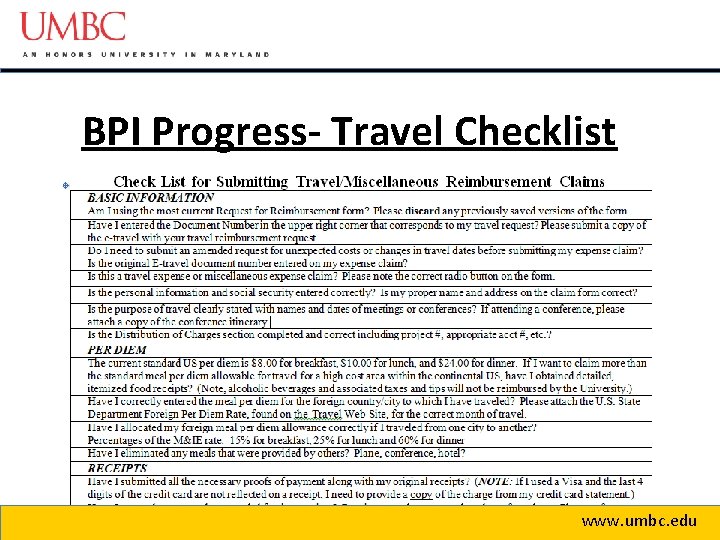 BPI Progress- Travel Checklist www. umbc. edu 