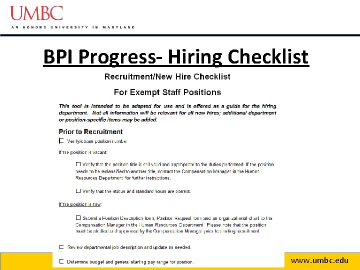 BPI Progress- Hiring Checklist www. umbc. edu 