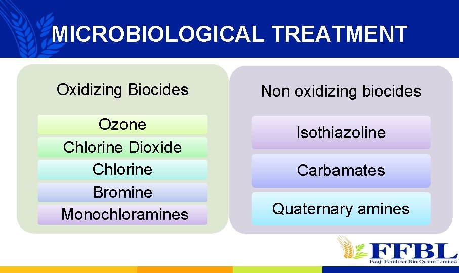 MICROBIOLOGICAL TREATMENT Oxidizing Biocides Non oxidizing biocides Ozone Chlorine Dioxide Chlorine Bromine Monochloramines Isothiazoline