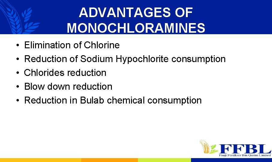 ADVANTAGES OF MONOCHLORAMINES • • • Elimination of Chlorine Reduction of Sodium Hypochlorite consumption