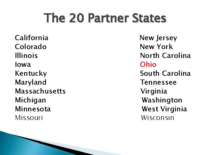The 20 Partner States California Colorado Illinois Iowa Kentucky Maryland Massachusetts Michigan Minnesota Missouri