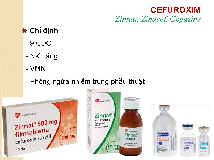 CEFUROXIM Zinnat, Zinacef, Cepazine | Chỉ định: - 9 CĐC - NK nặng -