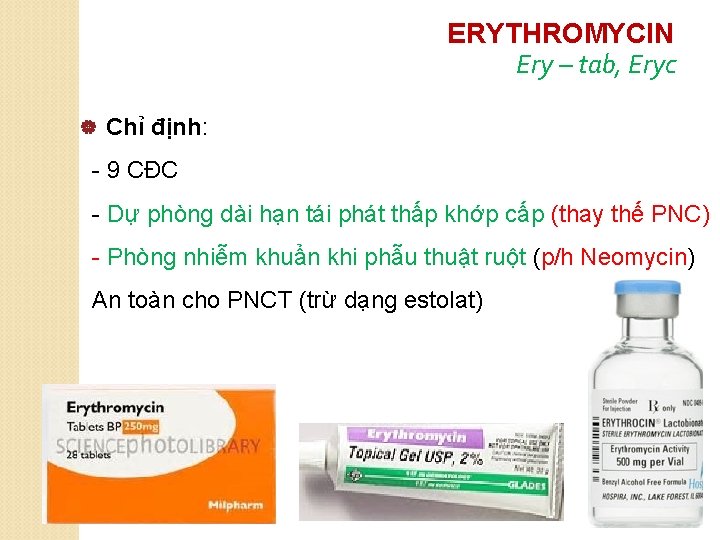 ERYTHROMYCIN Ery – tab, Eryc | Chỉ định: - 9 CĐC - Dự phòng