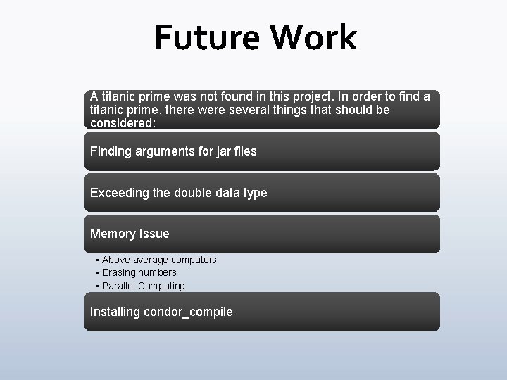 Future Work A titanic prime was not found in this project. In order to Future Work A titanic prime was not found in this project. In order to