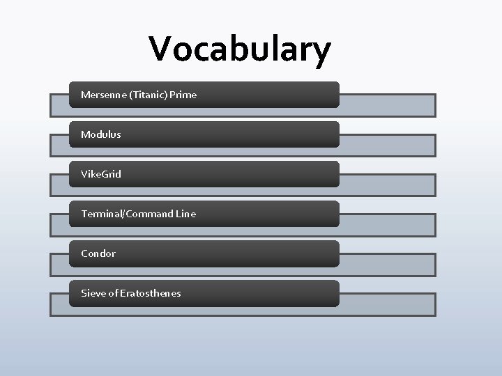Vocabulary Mersenne (Titanic) Prime Modulus Vike. Grid Terminal/Command Line Condor Sieve of Eratosthenes Vocabulary Mersenne (Titanic) Prime Modulus Vike. Grid Terminal/Command Line Condor Sieve of Eratosthenes