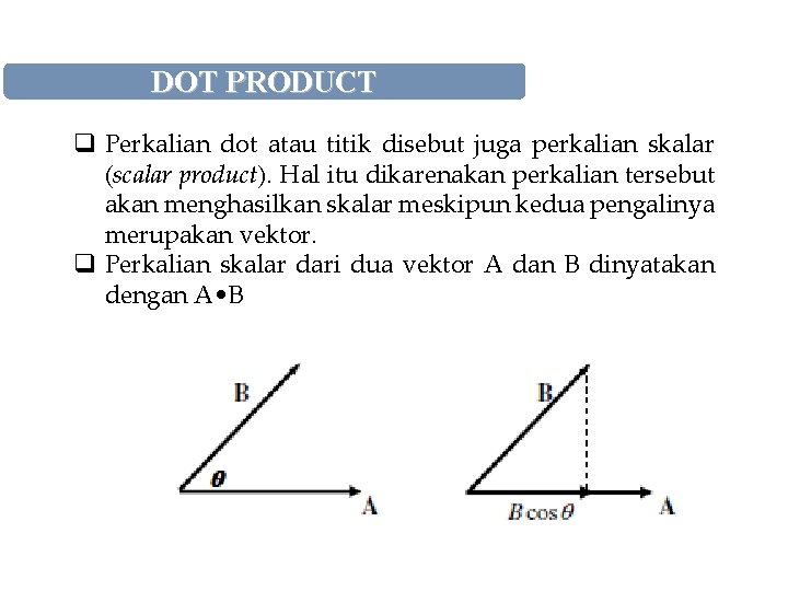 DOT PRODUCT q Perkalian dot atau titik disebut juga perkalian skalar (scalar product). Hal