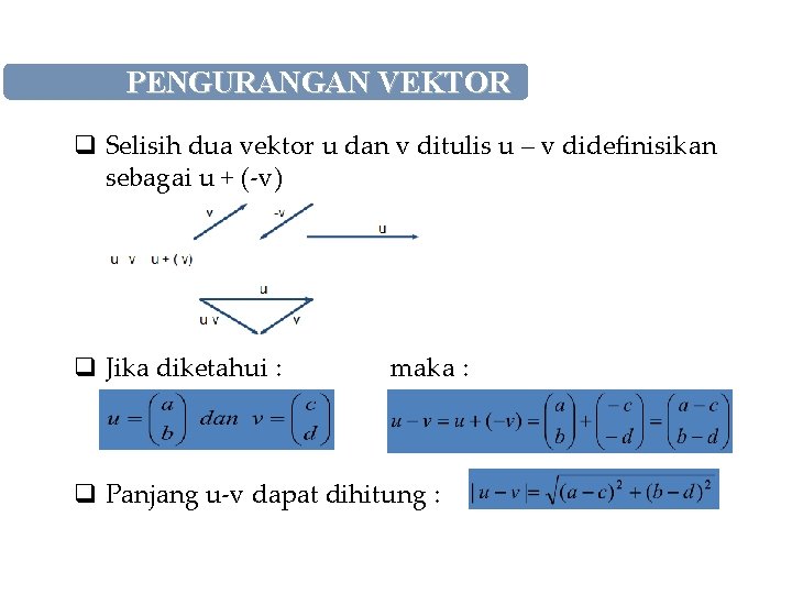 PENGURANGAN VEKTOR q Selisih dua vektor u dan v ditulis u – v didefinisikan