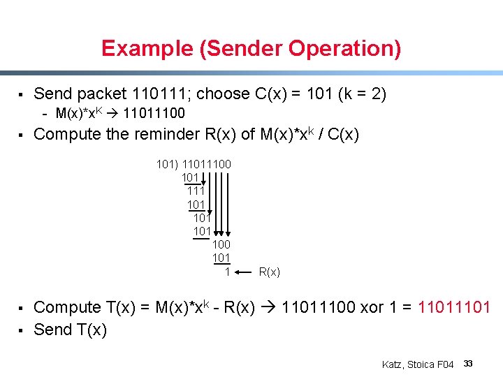 Example (Sender Operation) § Send packet 110111; choose C(x) = 101 (k = 2)