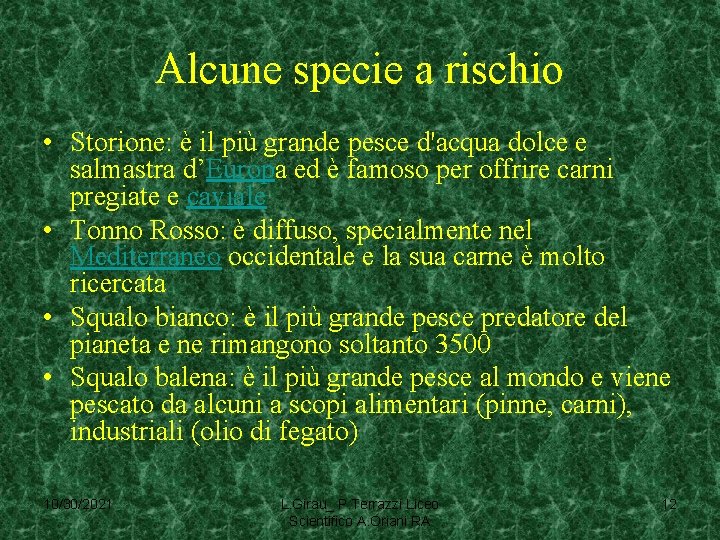 Alcune specie a rischio • Storione: è il più grande pesce d'acqua dolce e