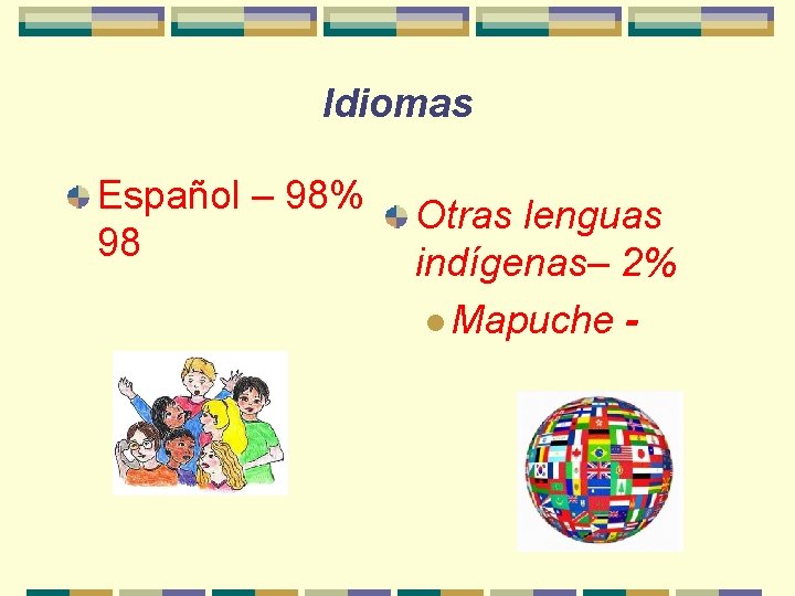 Idiomas Español – 98% 98 Otras lenguas indígenas– 2% l Mapuche - 