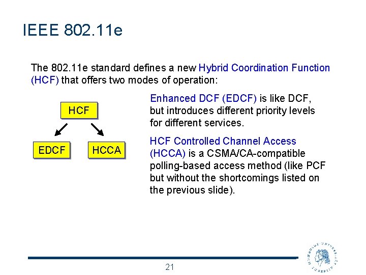 IEEE 802. 11 e The 802. 11 e standard defines a new Hybrid Coordination