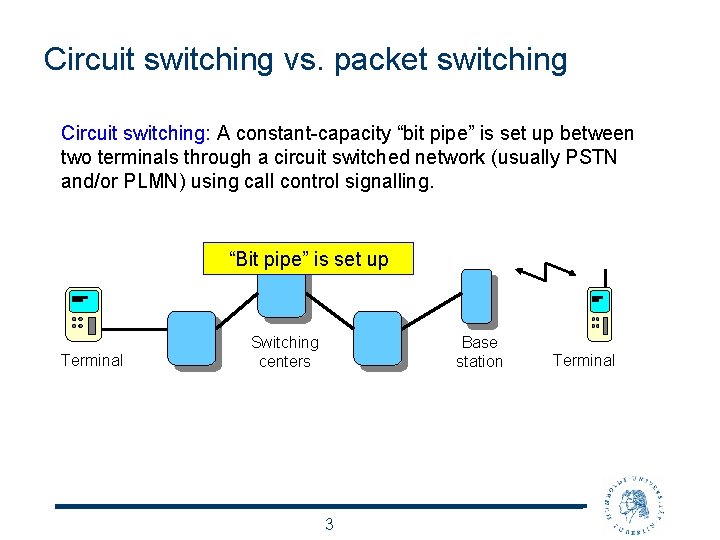 Circuit switching vs. packet switching Circuit switching: A constant-capacity “bit pipe” is set up