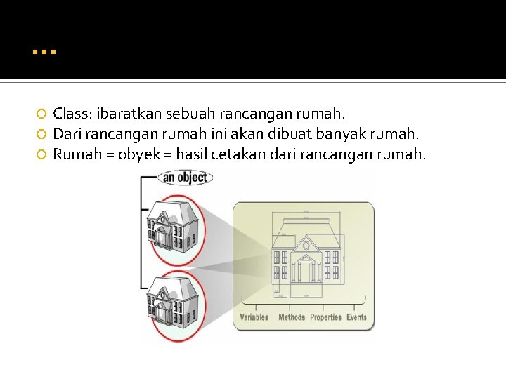 … Class: ibaratkan sebuah rancangan rumah. Dari rancangan rumah ini akan dibuat banyak rumah.