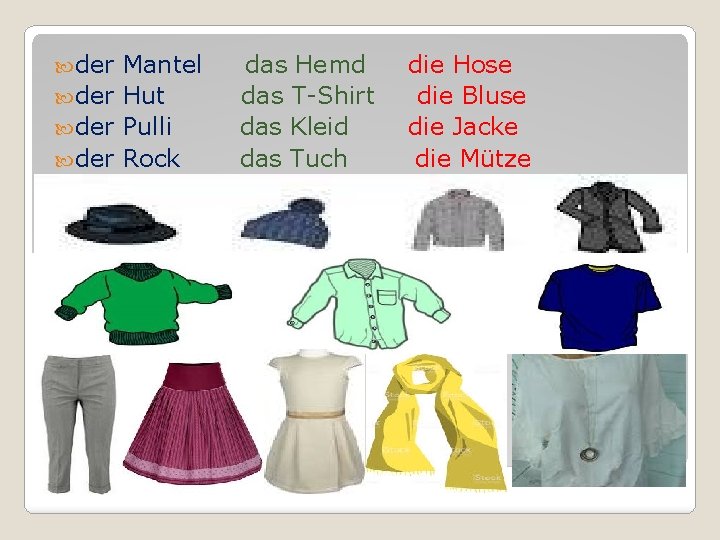  der Mantel der Hut der Pulli der Rock das Hemd das T-Shirt das