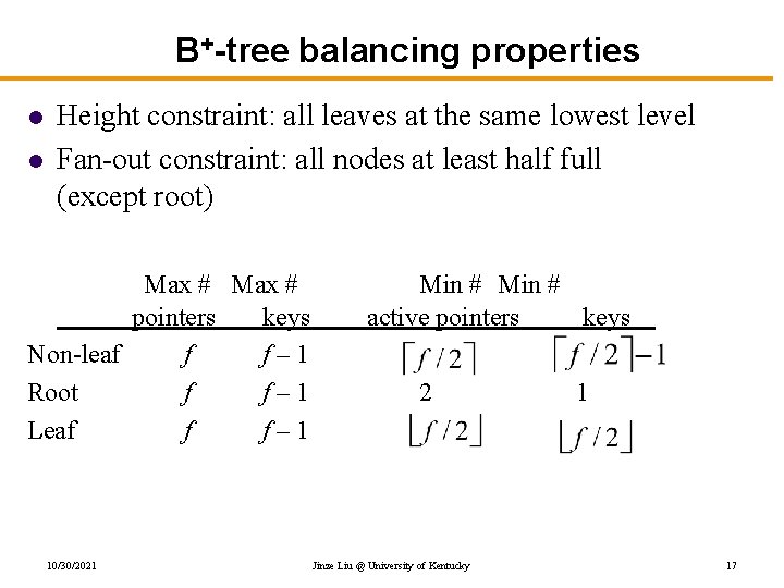 B+-tree balancing properties l l Height constraint: all leaves at the same lowest level