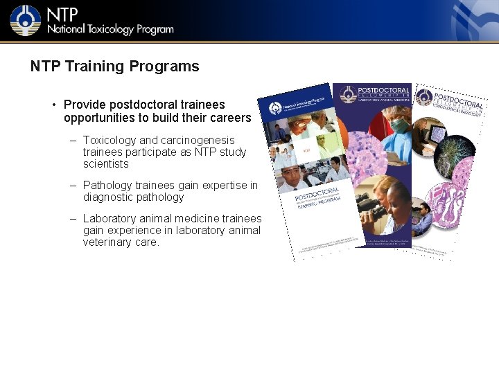 NTP Training Programs • Provide postdoctoral trainees opportunities to build their careers – Toxicology