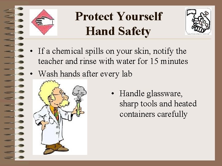 Protect Yourself Hand Safety • If a chemical spills on your skin, notify the
