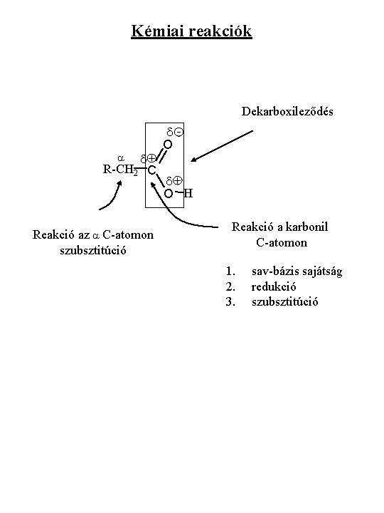 Kémiai reakciók Dekarboxileződés d R-CH 2 C a Reakció az a C-atomon szubsztitúció d