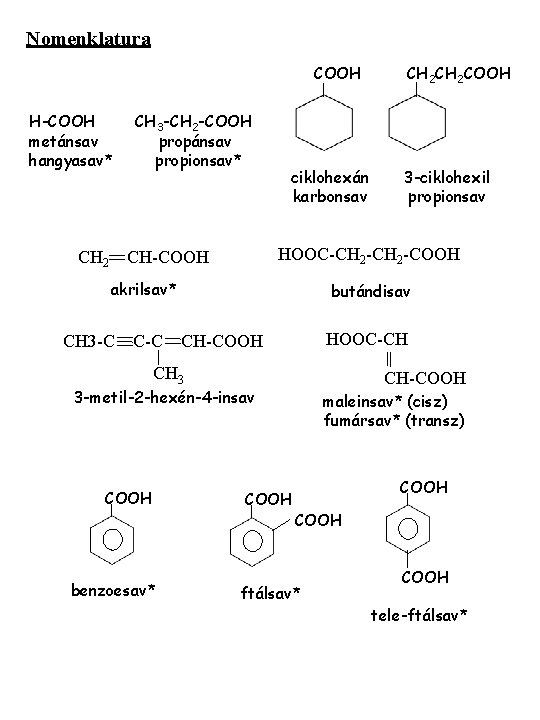Nomenklatura COOH H-COOH metánsav hangyasav* CH 2 CH 3 -CH 2 -COOH propánsav propionsav*