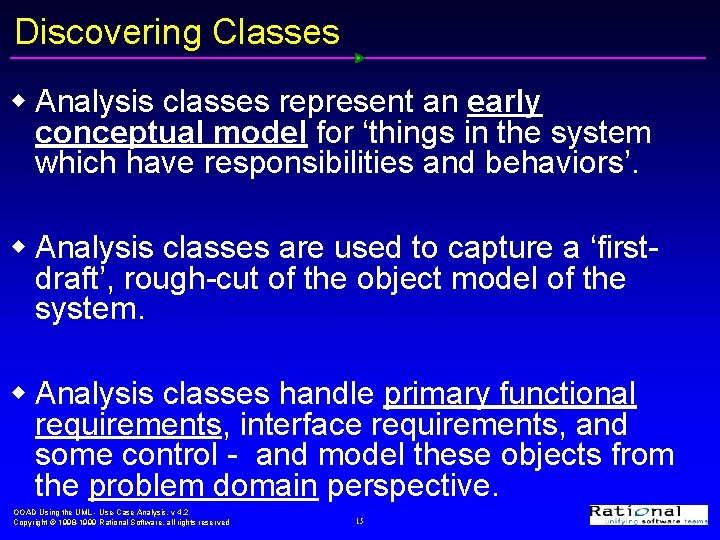 Discovering Classes w Analysis classes represent an early conceptual model for ‘things in the