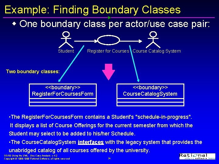 Example: Finding Boundary Classes w One boundary class per actor/use case pair: Student Register