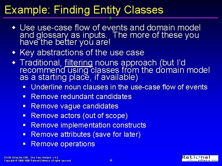 Example: Finding Entity Classes w Use use-case flow of events and domain model and