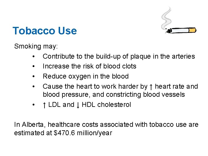 Tobacco Use Smoking may: • Contribute to the build-up of plaque in the arteries