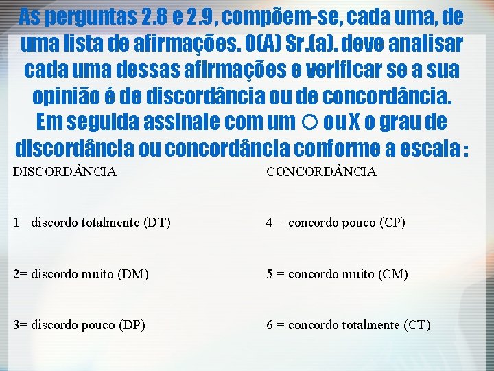 As perguntas 2. 8 e 2. 9, compõem-se, cada uma, de uma lista de