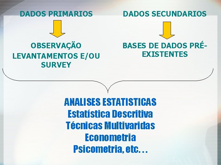 DADOS PRIMARIOS DADOS SECUNDARIOS OBSERVAÇÃO LEVANTAMENTOS E/OU SURVEY BASES DE DADOS PRÉEXISTENTES ANALISES ESTATISTICAS