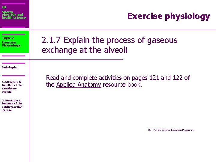 IB Sports, exercise and health science Topic 2 Exercise Physiology Exercise physiology 2. 1.