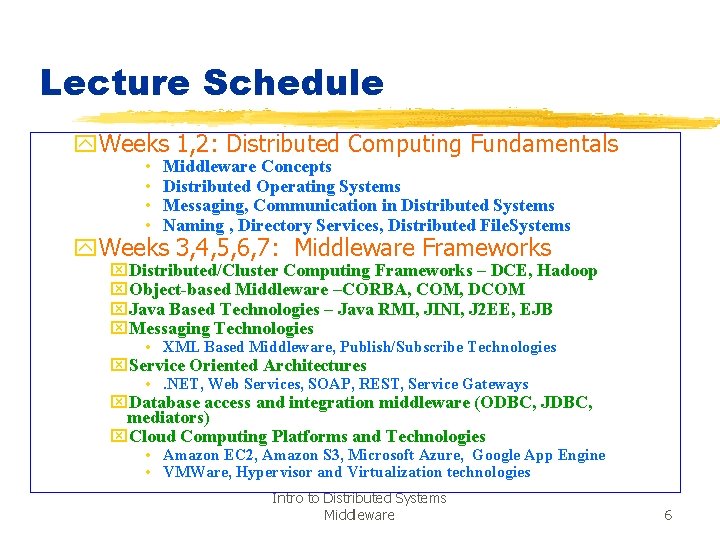 Lecture Schedule y. Weeks 1, 2: Distributed Computing Fundamentals • • Middleware Concepts Distributed