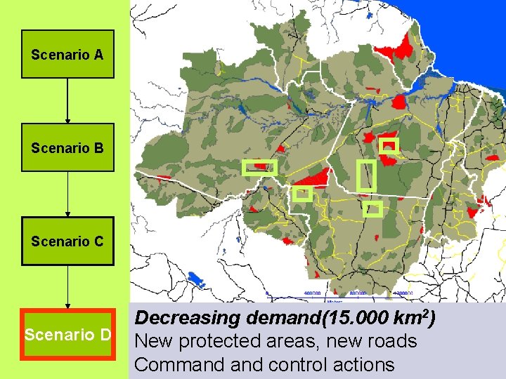 Scenario A Scenario B Scenario C Scenario D 2) Estradaskm pavimentadas em 2010 Decreasing