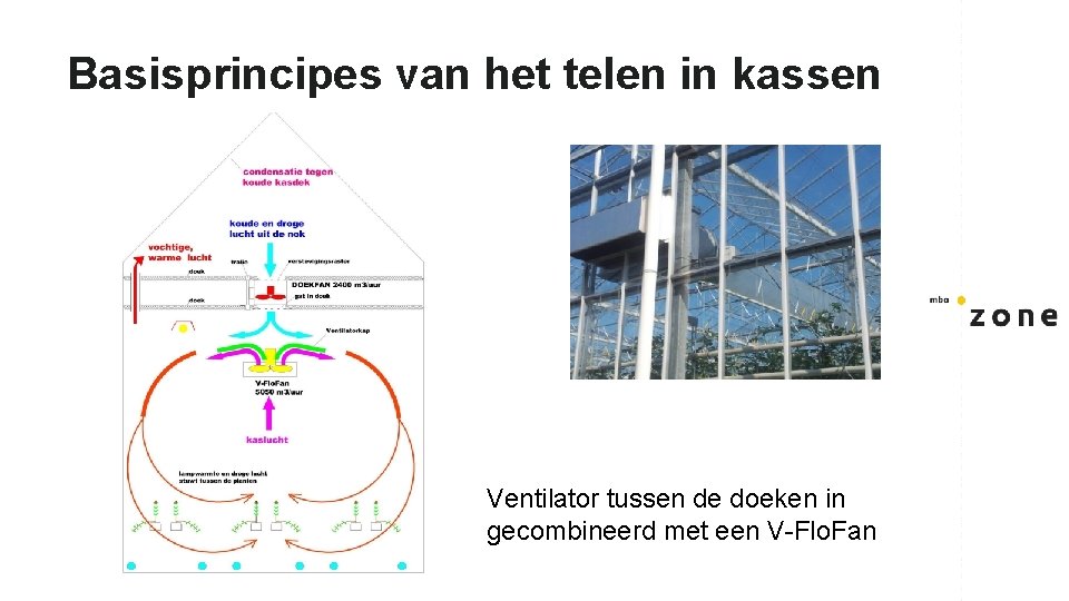 Basisprincipes van het telen in kassen Ventilator tussen de doeken in gecombineerd met een