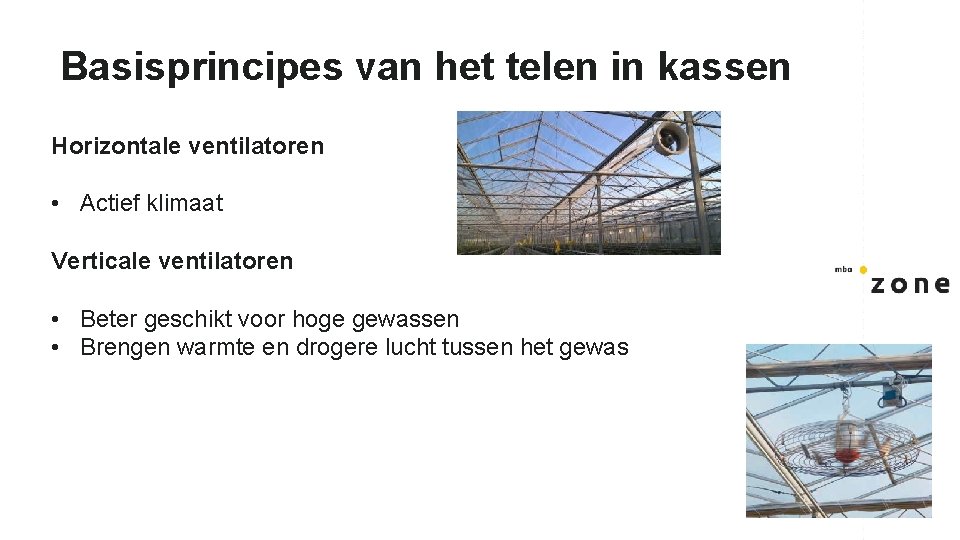 Basisprincipes van het telen in kassen Horizontale ventilatoren • Actief klimaat Verticale ventilatoren •